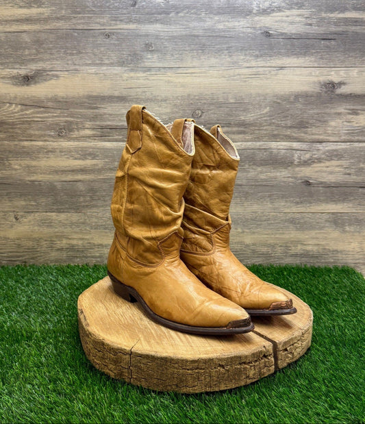 Unknown Women - Size 7M - Vintage Marbled Tan Slouch Toe Plate Cowboy Boots 659
