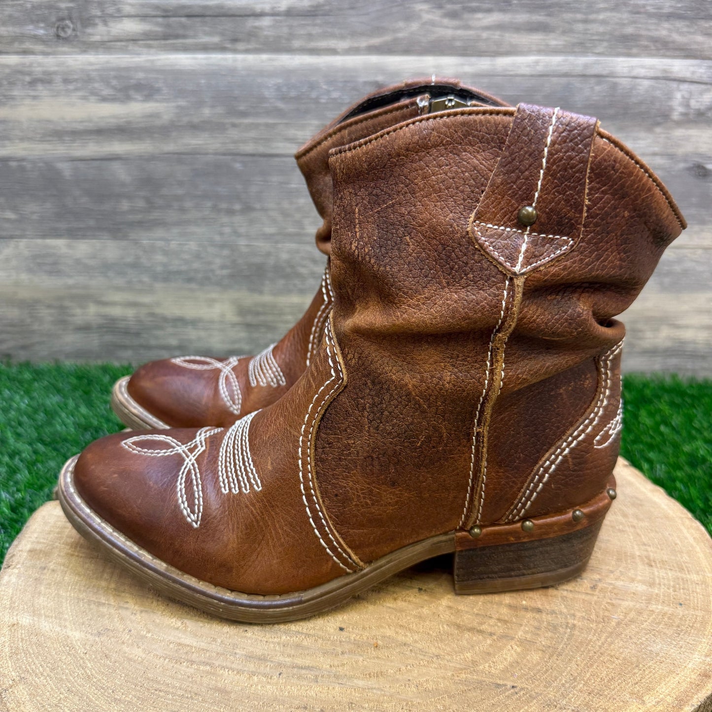 Sundance Women - Size 6.5 - Brown Studded Ankle Zipper Boots