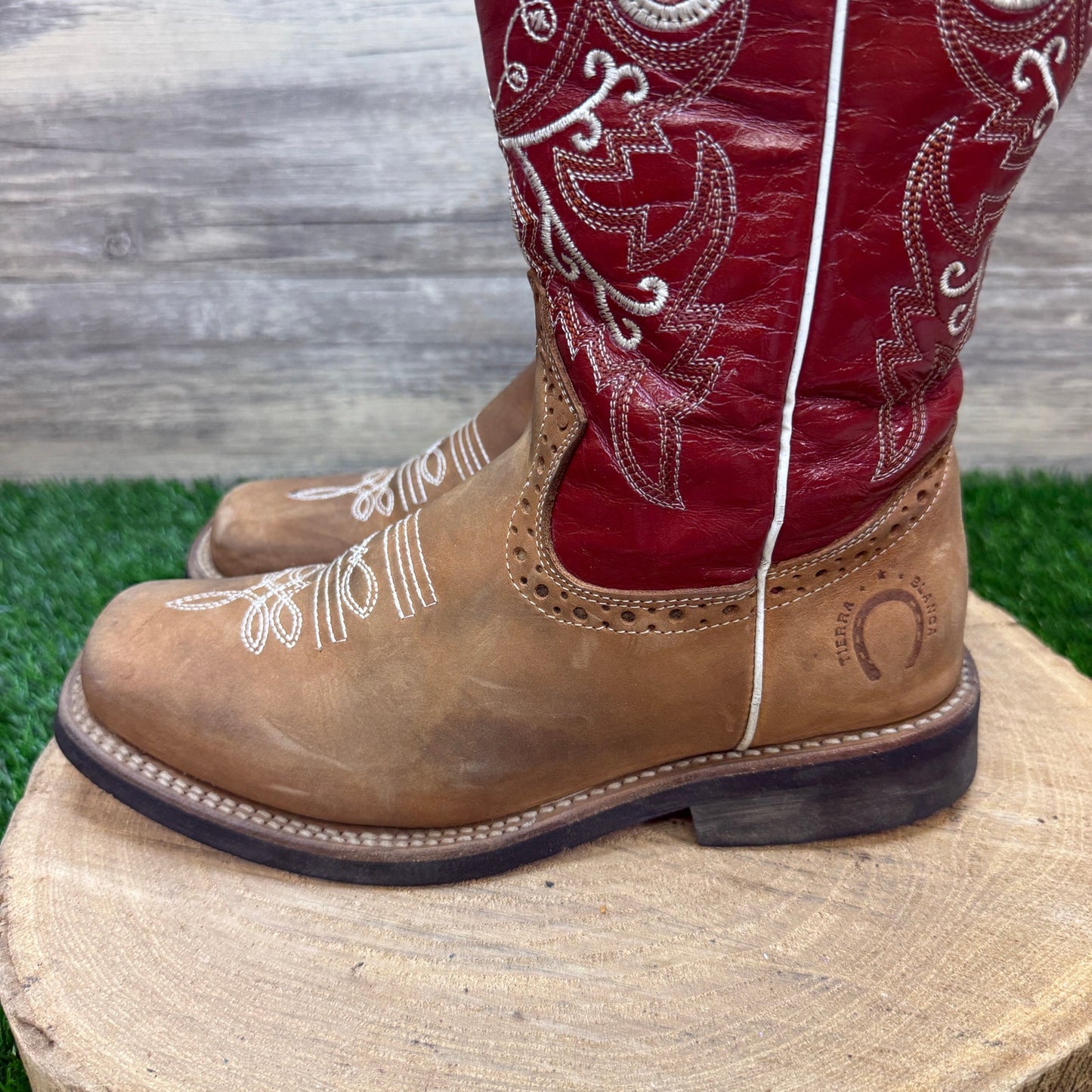 Tierra Blanca Youth - Size 4.5 - Tan/Red Square Toe Cowboy Boots Style 618