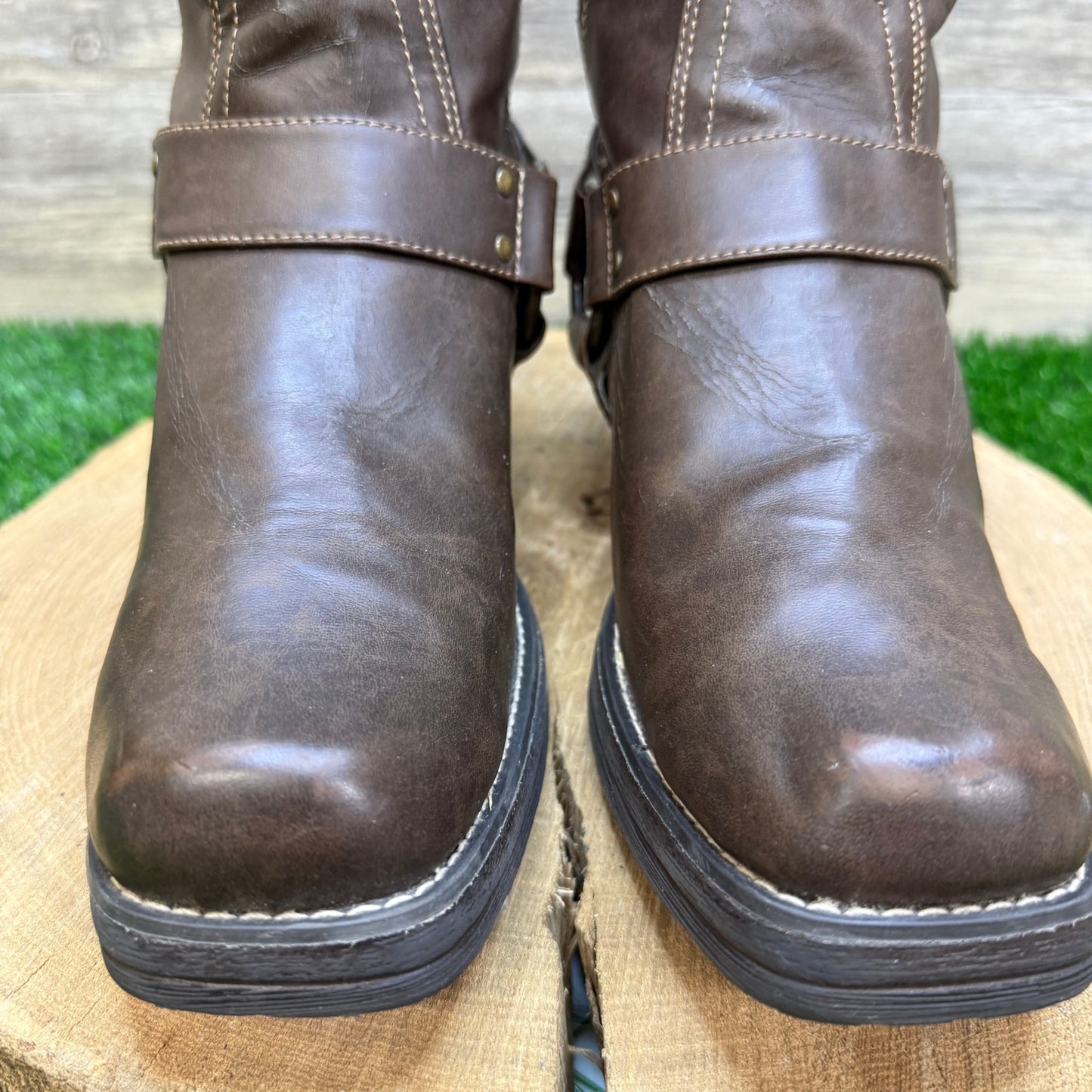 Decree Women - Size 8M - Dark Brown Harness Faux Leather Moto Boots 7412