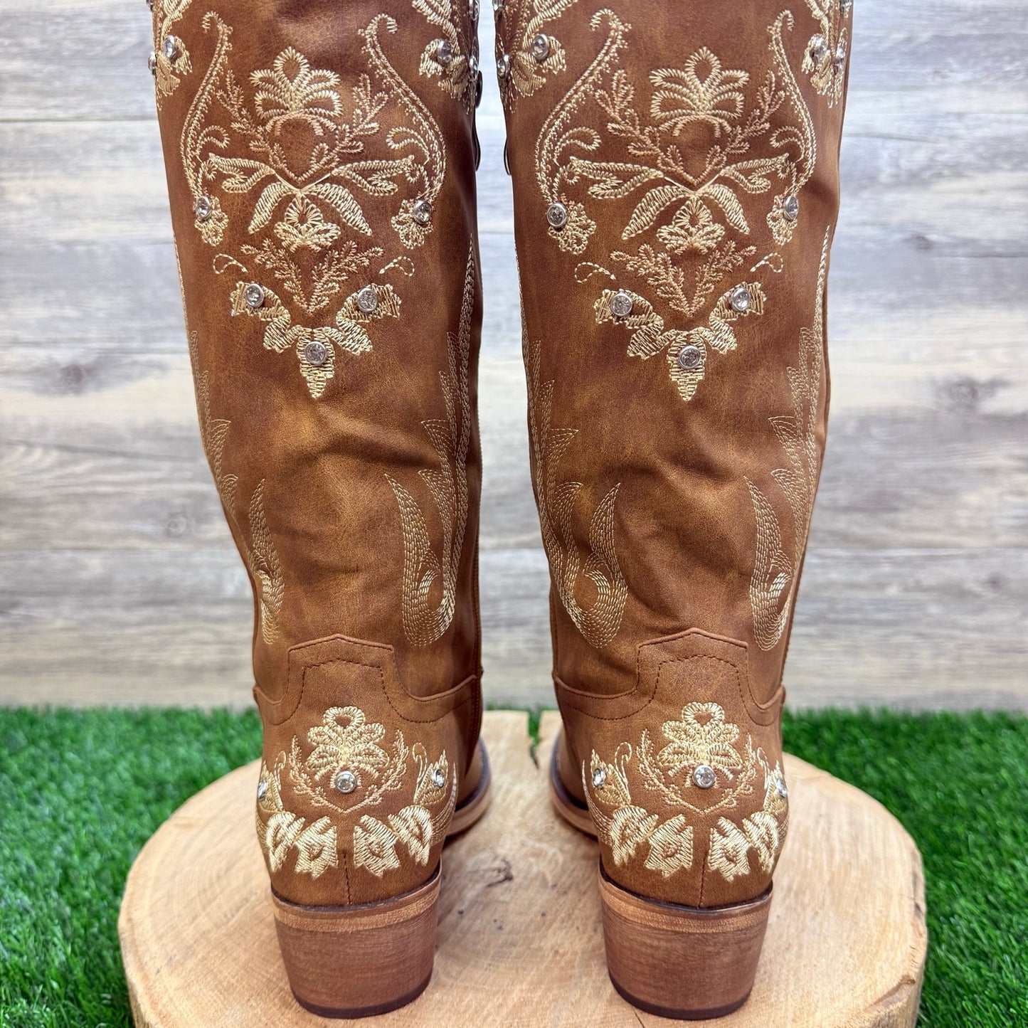 Unknown Women - Size 8.5 - Tan Jeweled Faux Suede Tall Cowboy Boots