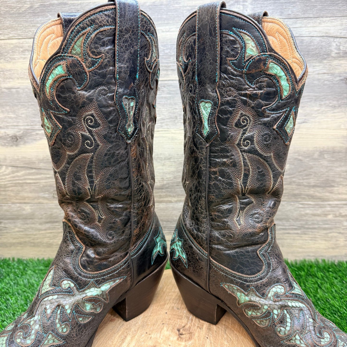 Stetson Women - Size 9B - Distressed Chocolate Snake Inlay Cowboy Boots 0512