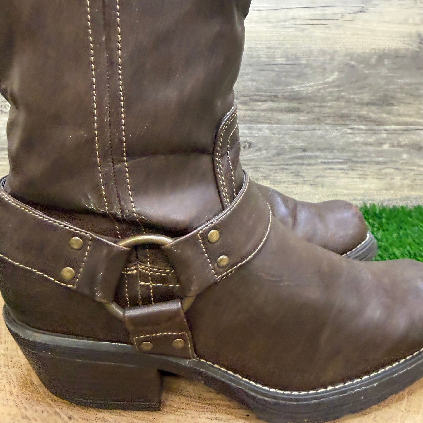 Decree Women - Size 8M - Dark Brown Harness Faux Leather Moto Boots 7412