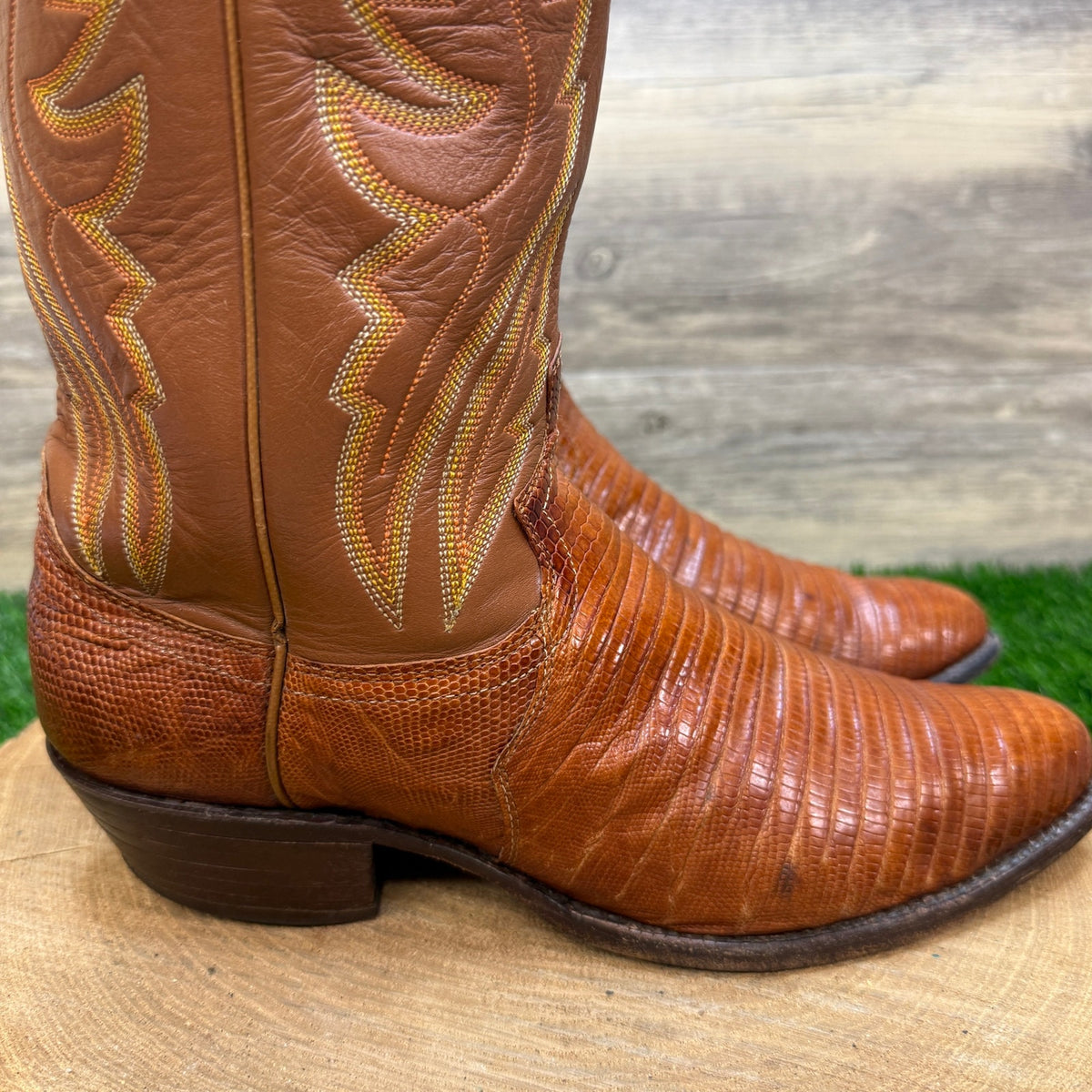 Justin Men - Size 7.5E - Vintage Cognac Lizard Western Cowboy Boots Style 8303