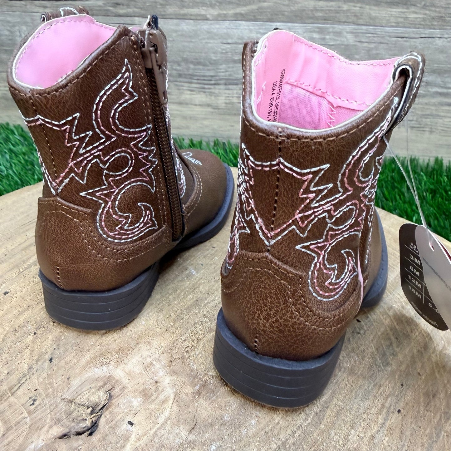 NEW Wonder Nation Youth - Size 4 - Brown / Pink Faux Leather Cowboy Boots