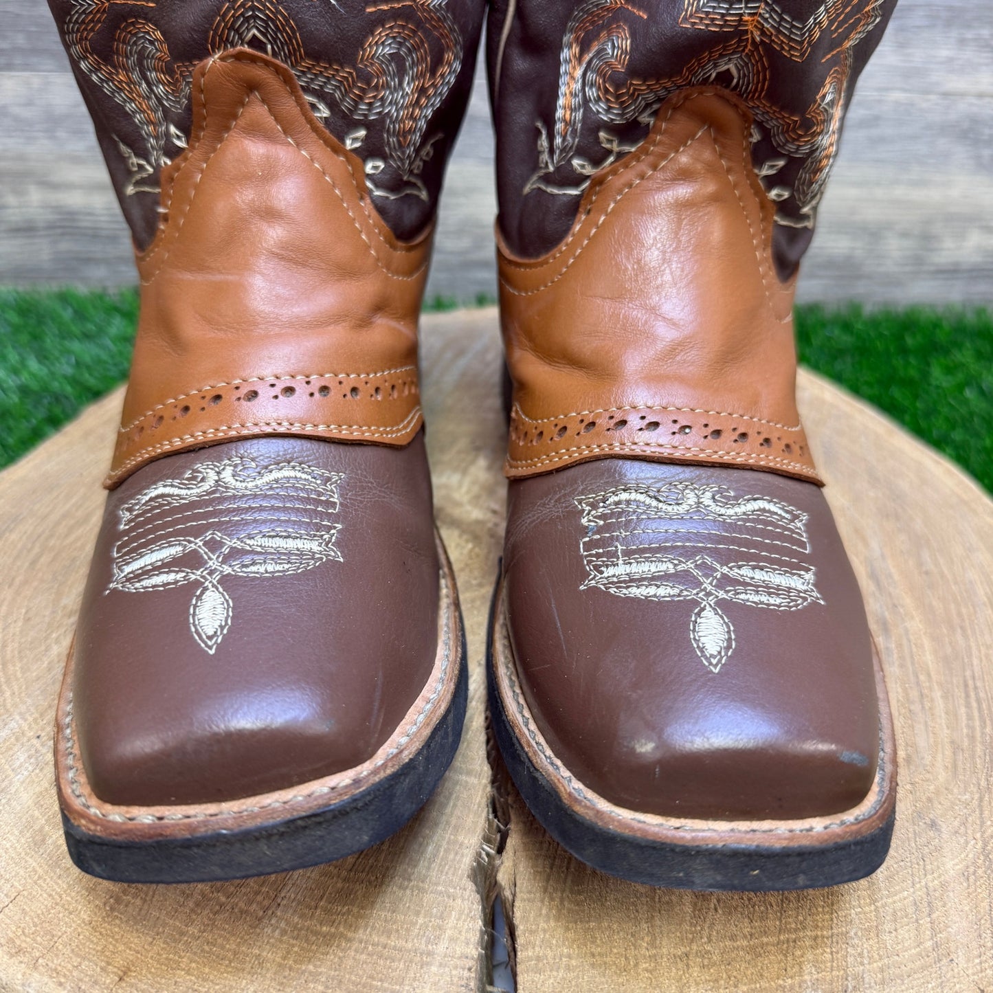 JJ Diher Youth - Size 6 - Brown/Tan Faux Leather Square Toe Cowboy Boots