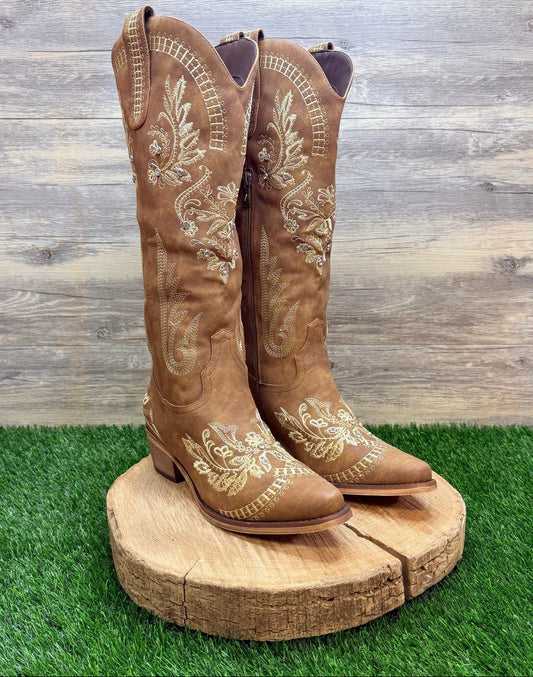 Unknown Women - Size 8.5 - Tan Jeweled Faux Suede Tall Cowboy Boots