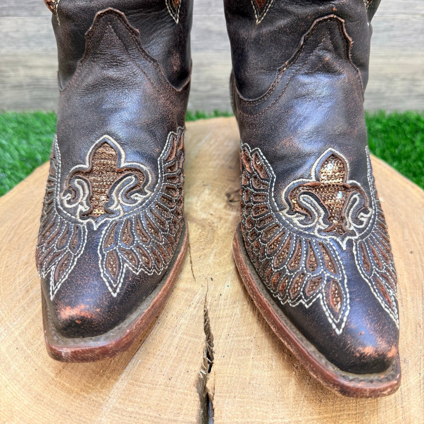 Corral Women - Size 7M - Brown Fleur De Lis Wings Cowboy Boots R2549