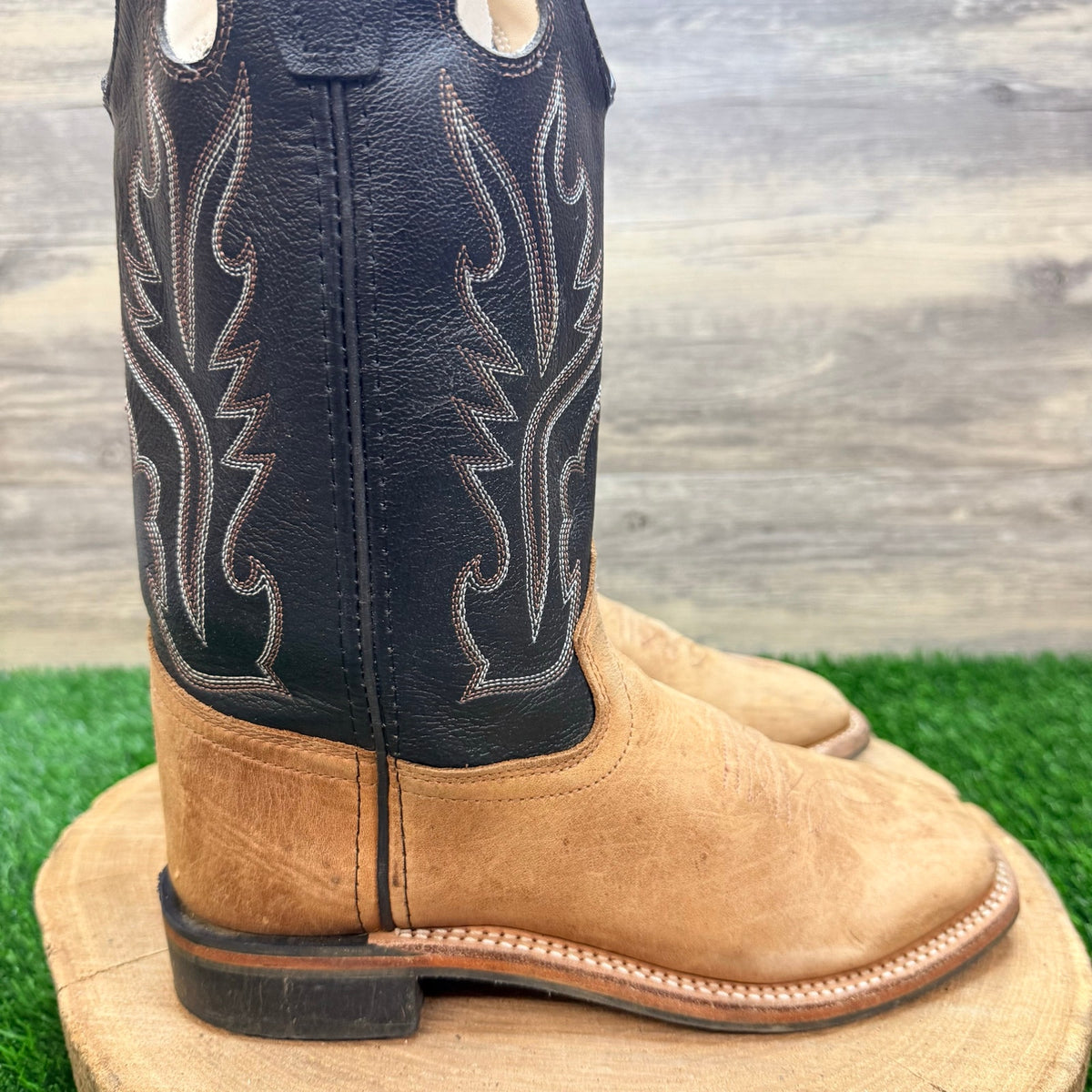 Old West Youth - Size 4.5D - Black / Tan Square Western Cowboy Boots BSY1814