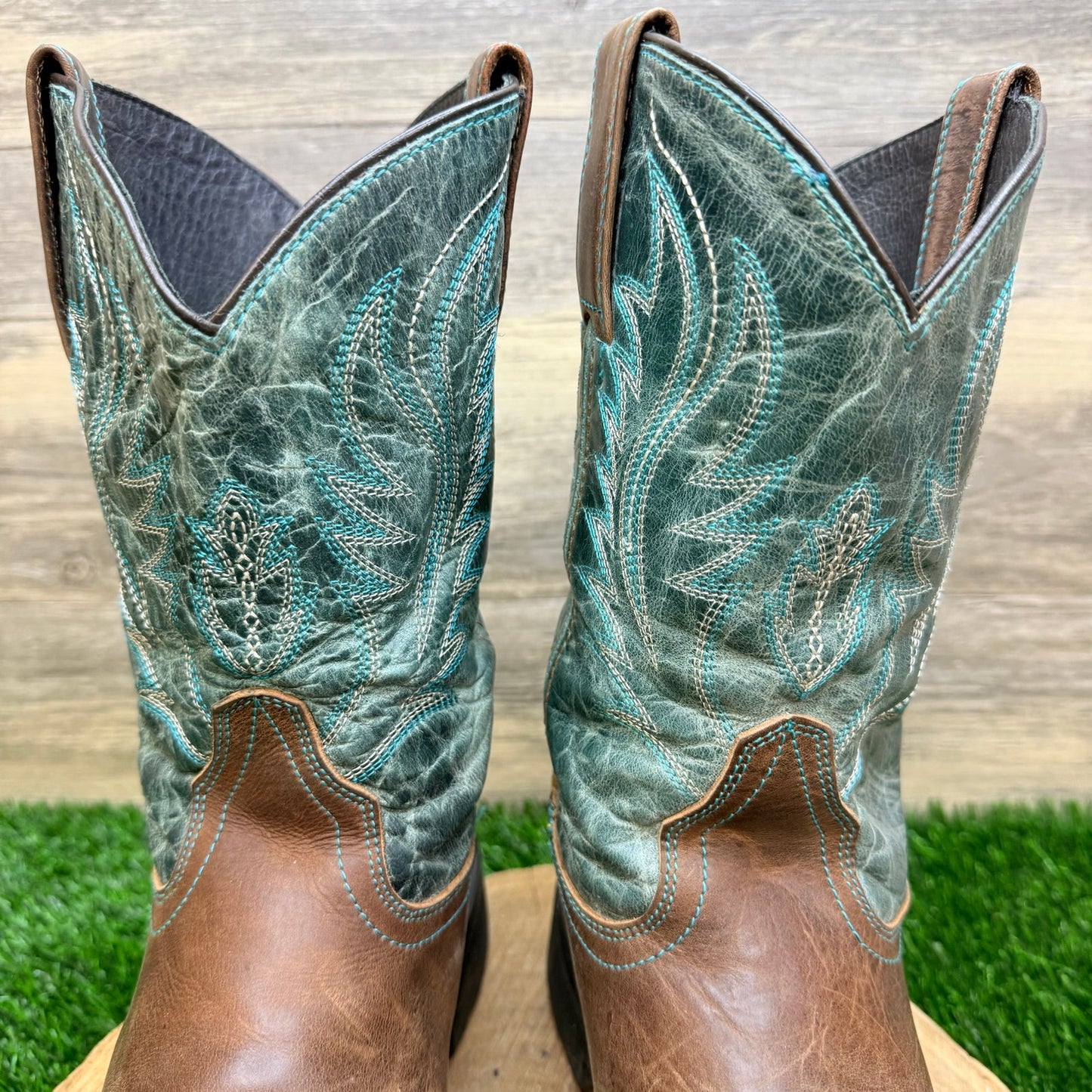 JB Dillon Men - Size 9D - Brown/Green Square Toe Western Cowboy Boots JBR1115D