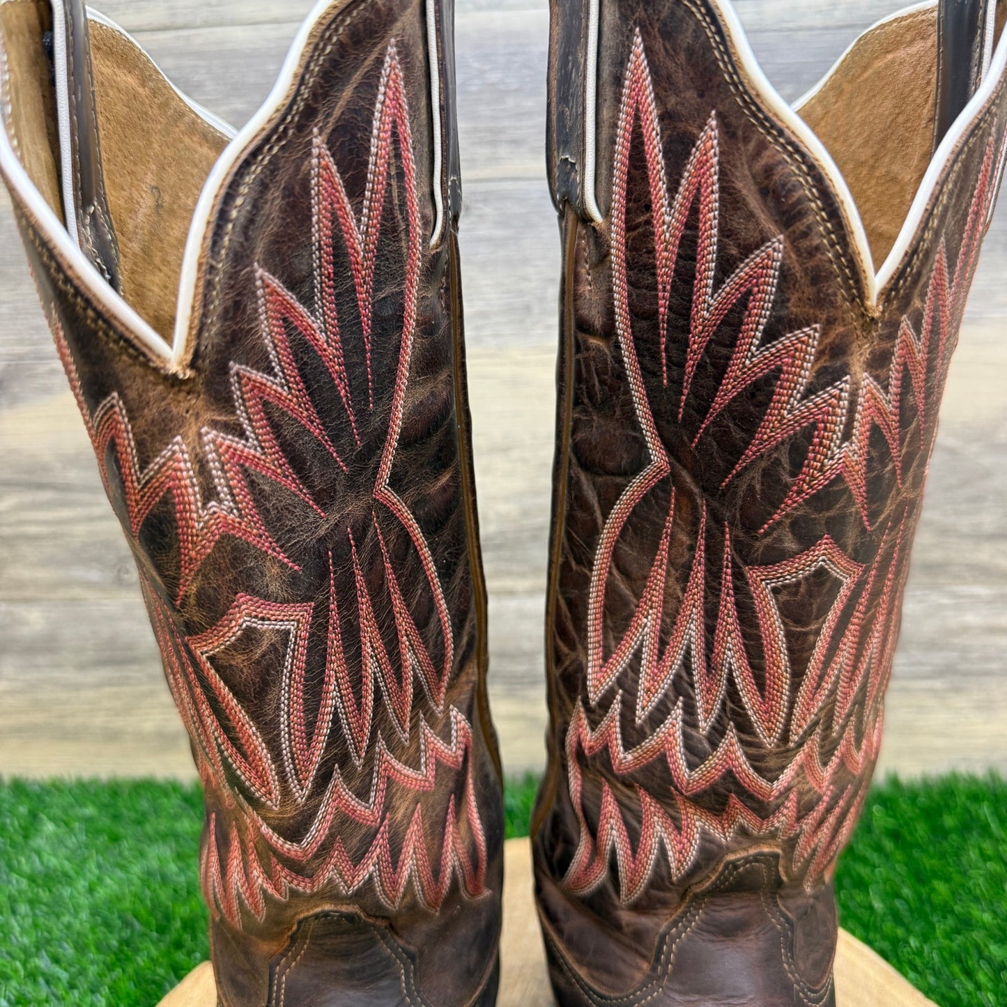Tony Lama Women - Size 7B - Brown/Coral Square Toe Western Cowboy Boots 0218