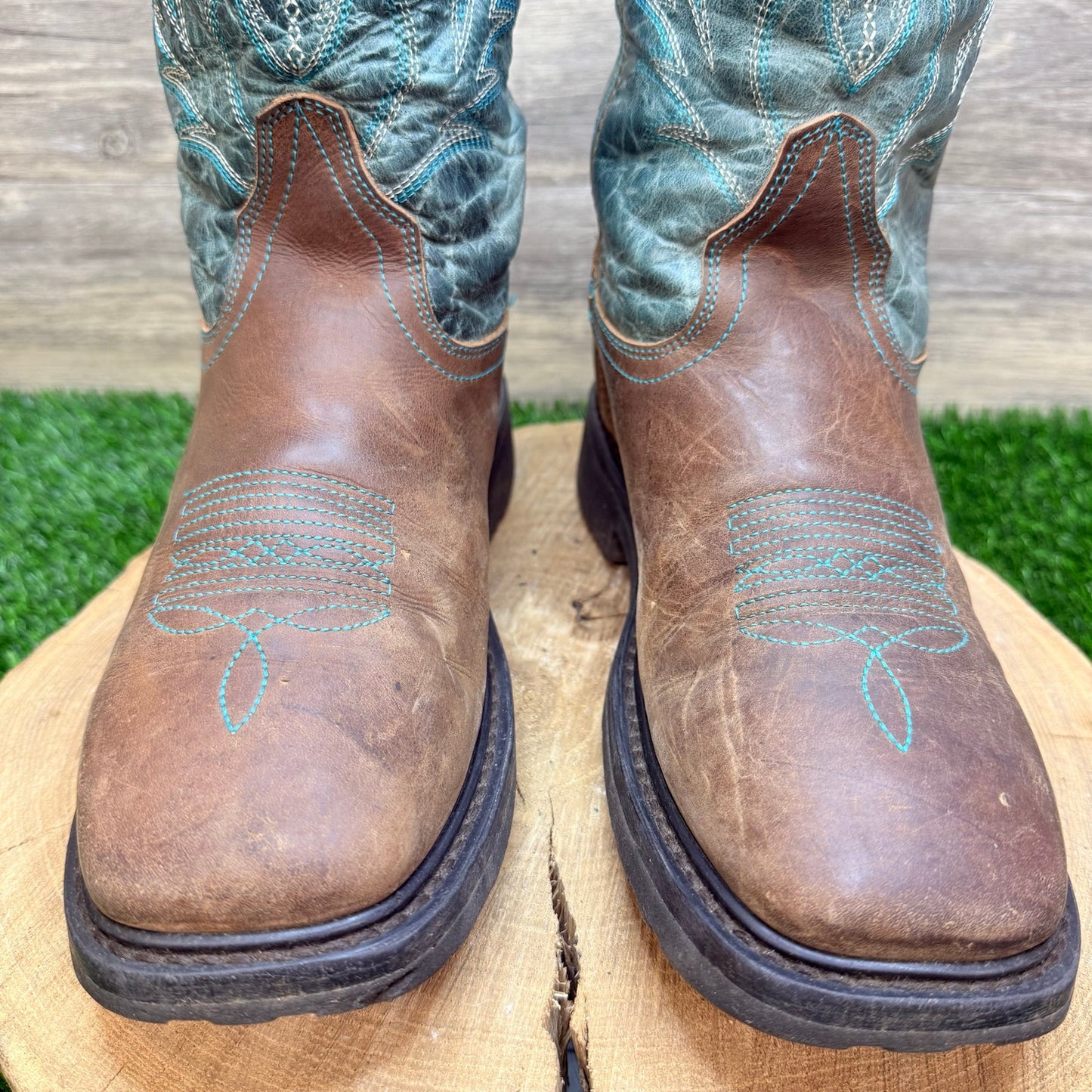 JB Dillon Men - Size 9D - Brown/Green Square Toe Western Cowboy Boots JBR1115D