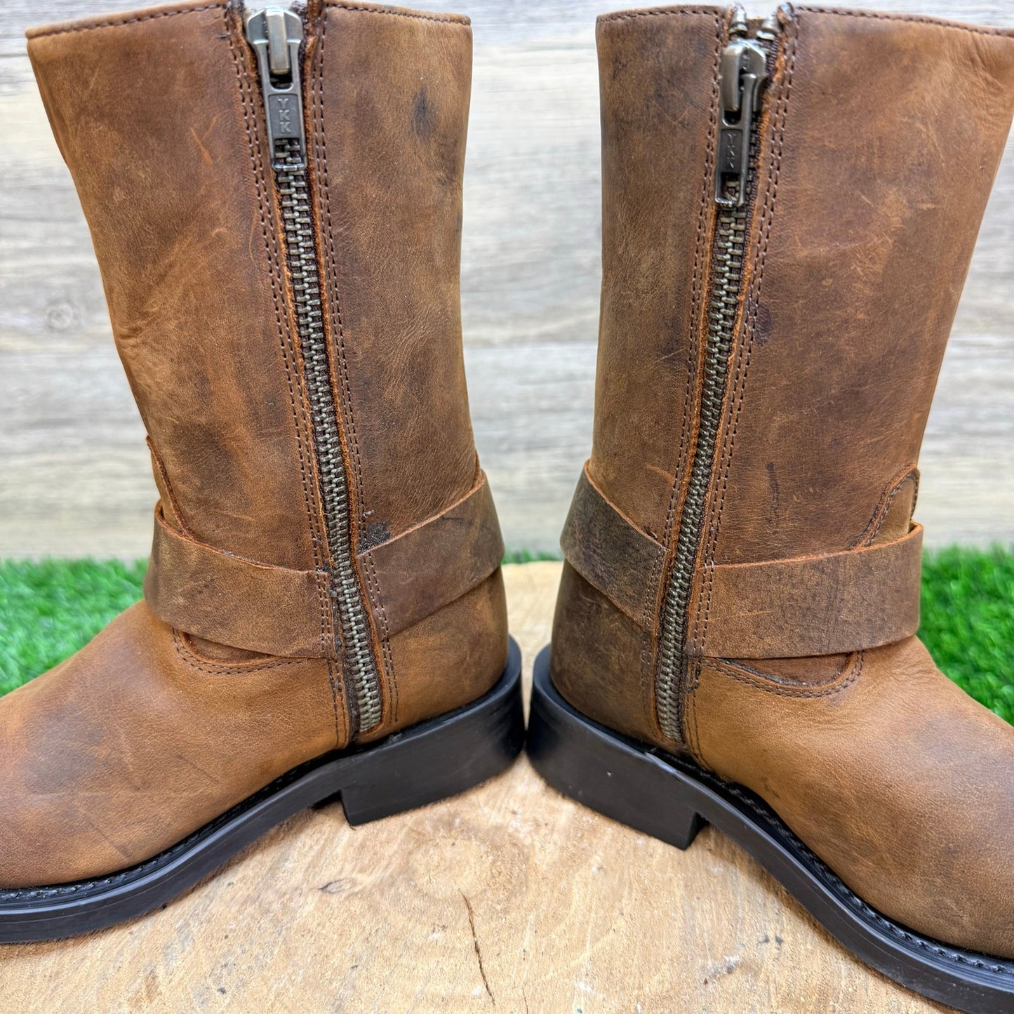 Old West Youth - Size 9D - Brown Square Toe Moto Boots CH1002