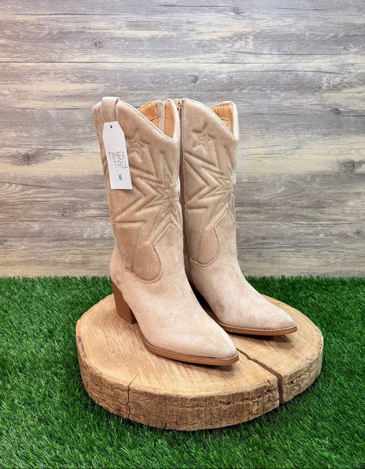 NEW Time and Tru Women - Size 6 - Beige Faux Suede Puff Zipper Cowboy Boots