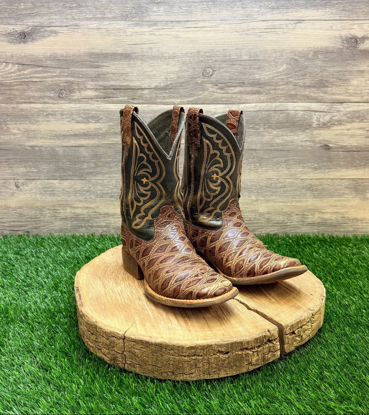 Ariat Youth - Size 13.5 - Brown/Green Square Toe Cowboy Boots