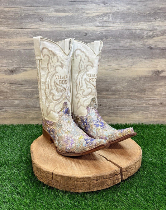 Villalpando Women - Size 8.5 - White / Purple Lace Mexico Pointed Cowboy Boots