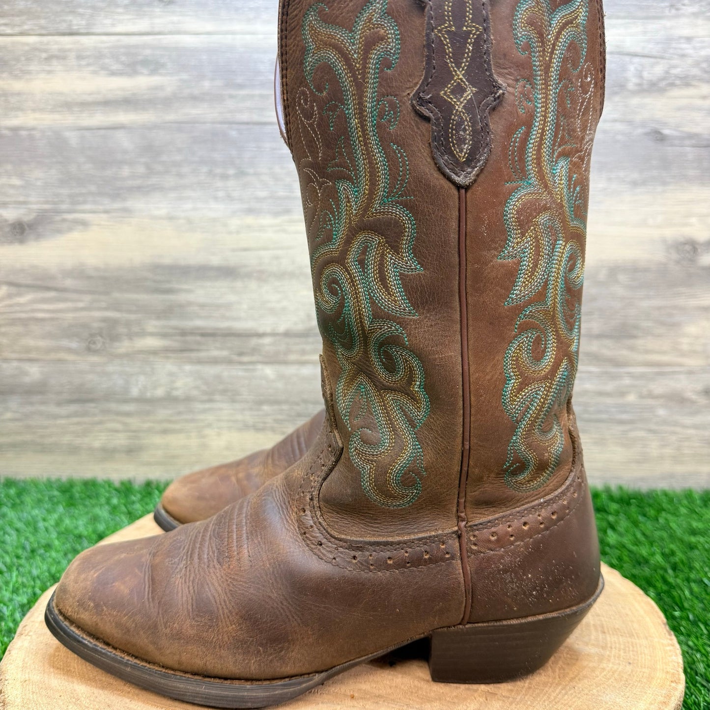 Justin Women - Size 6.5B - Brown / Green Stampede Square Cowboy Boots L2552