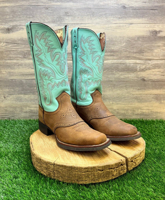 Justin Women - Size 9B - Brown / Turquoise Square Toe Boots L4853