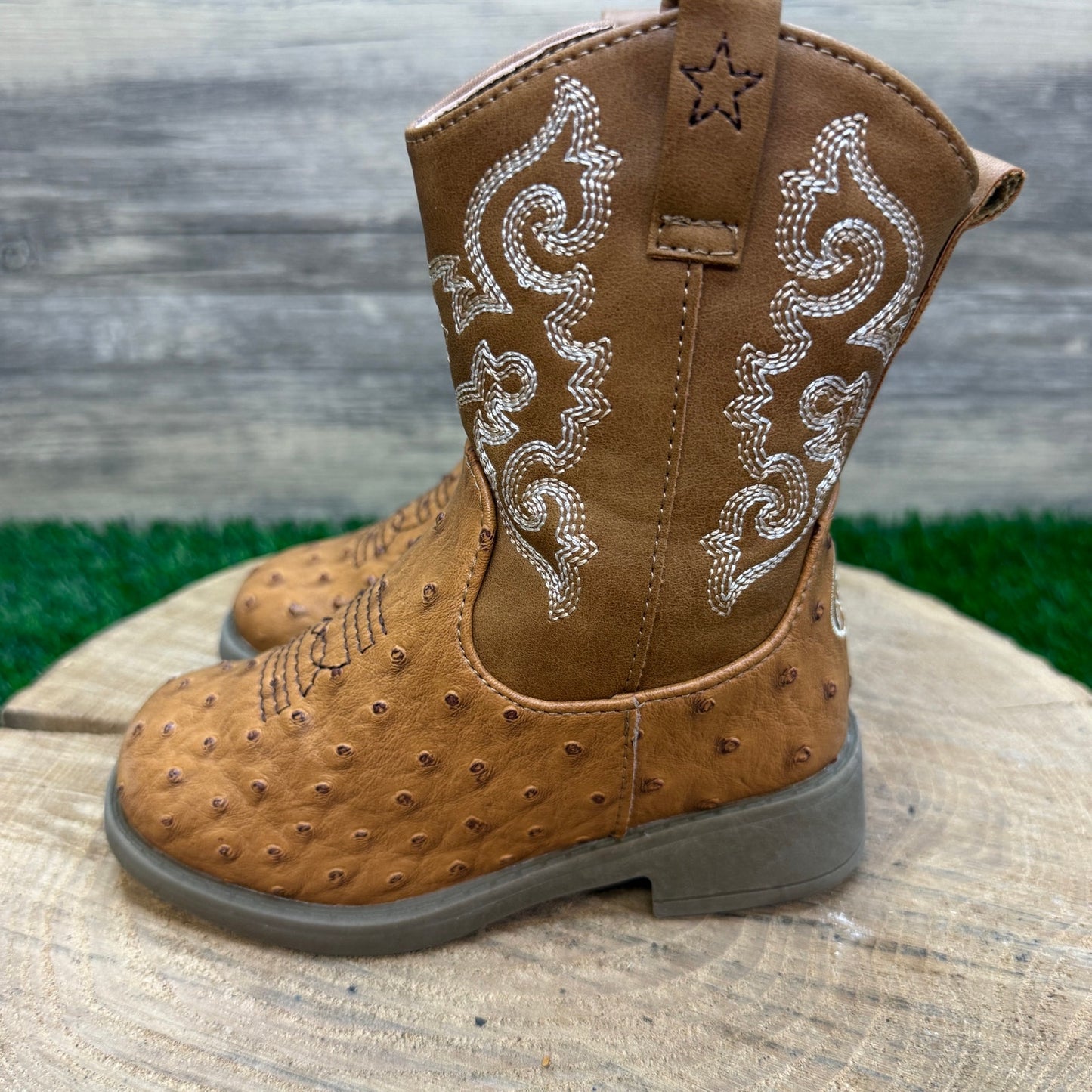 Pawz Youth - Size 8 - Tan Faux Ostrich/Leather Zipper Cowboy Boots Style 35356