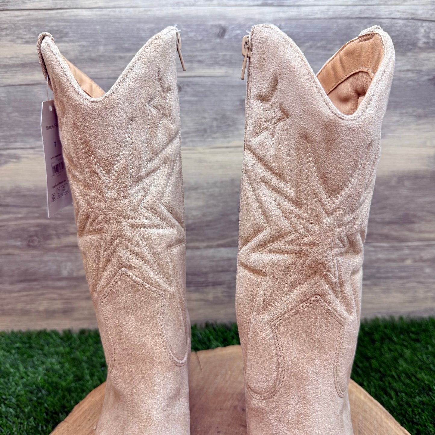 NEW Time and Tru Women - Size 7 - Beige Faux Suede Puff Zipper Cowboy Boots