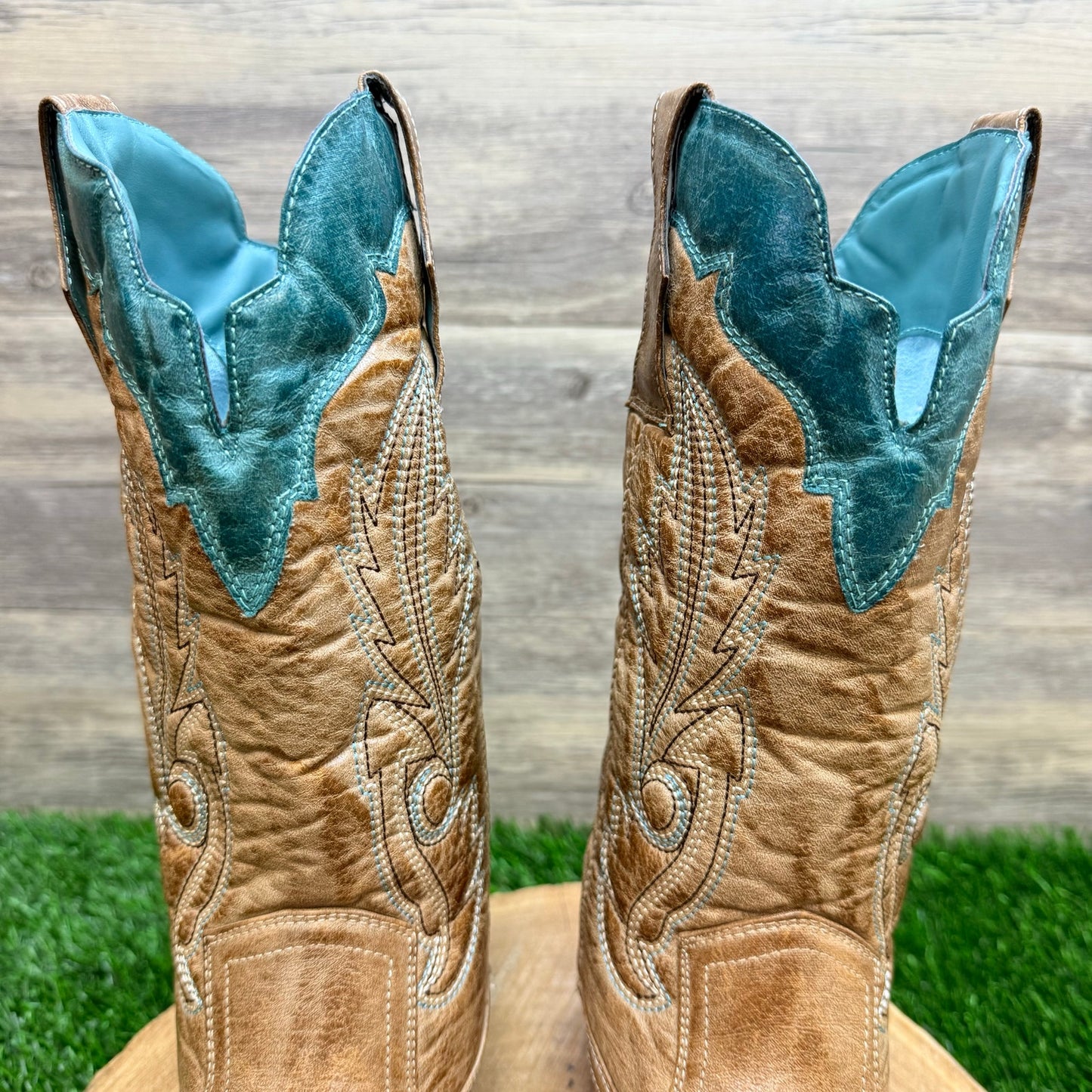 Coconuts Women - Size 6.5M - Tan / Turquoise Soft Faux Cowboy Boots Cimmaron