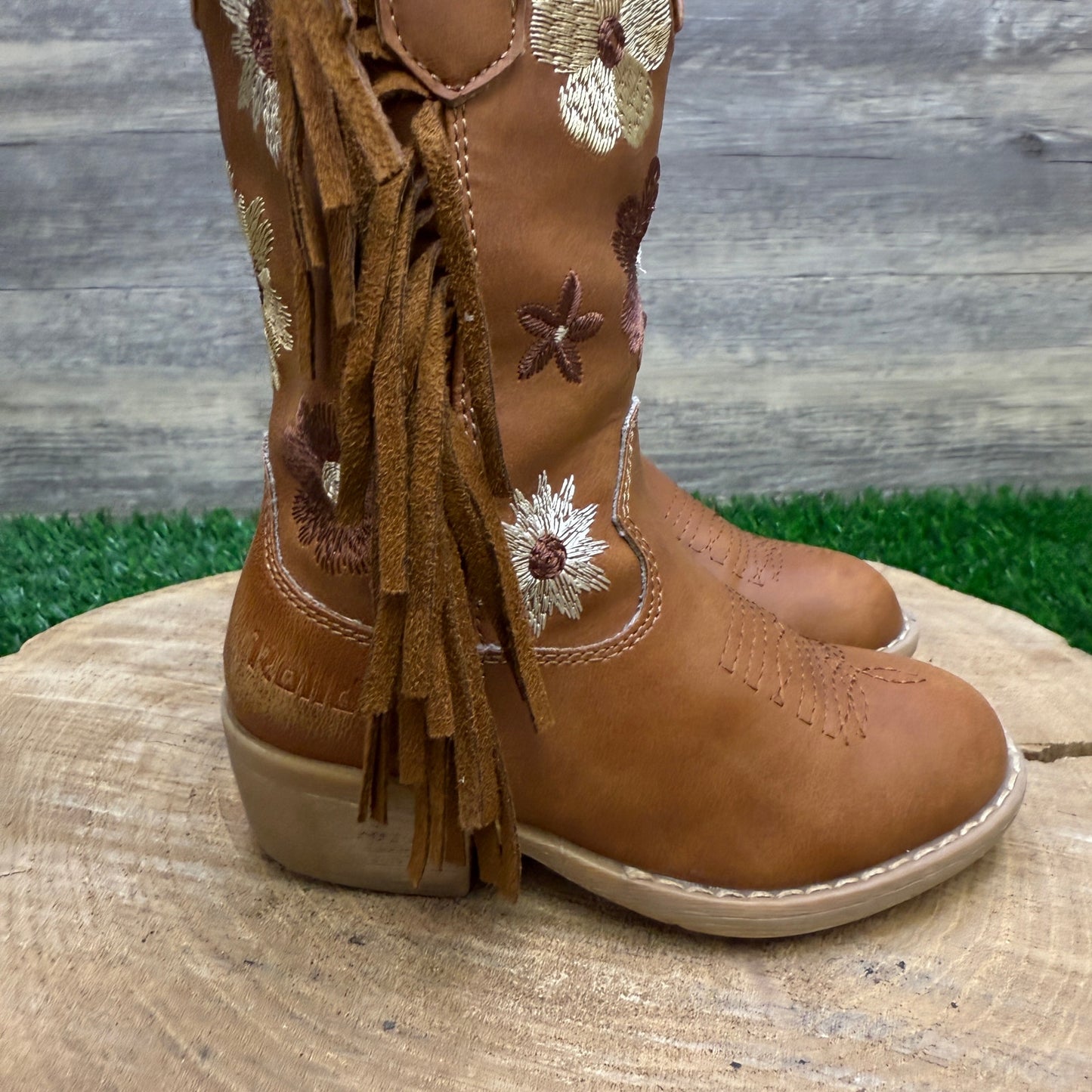 Rolled Youth - Size 9T - Tan Floral Fringe Faux Leather Cowboy Boots Style