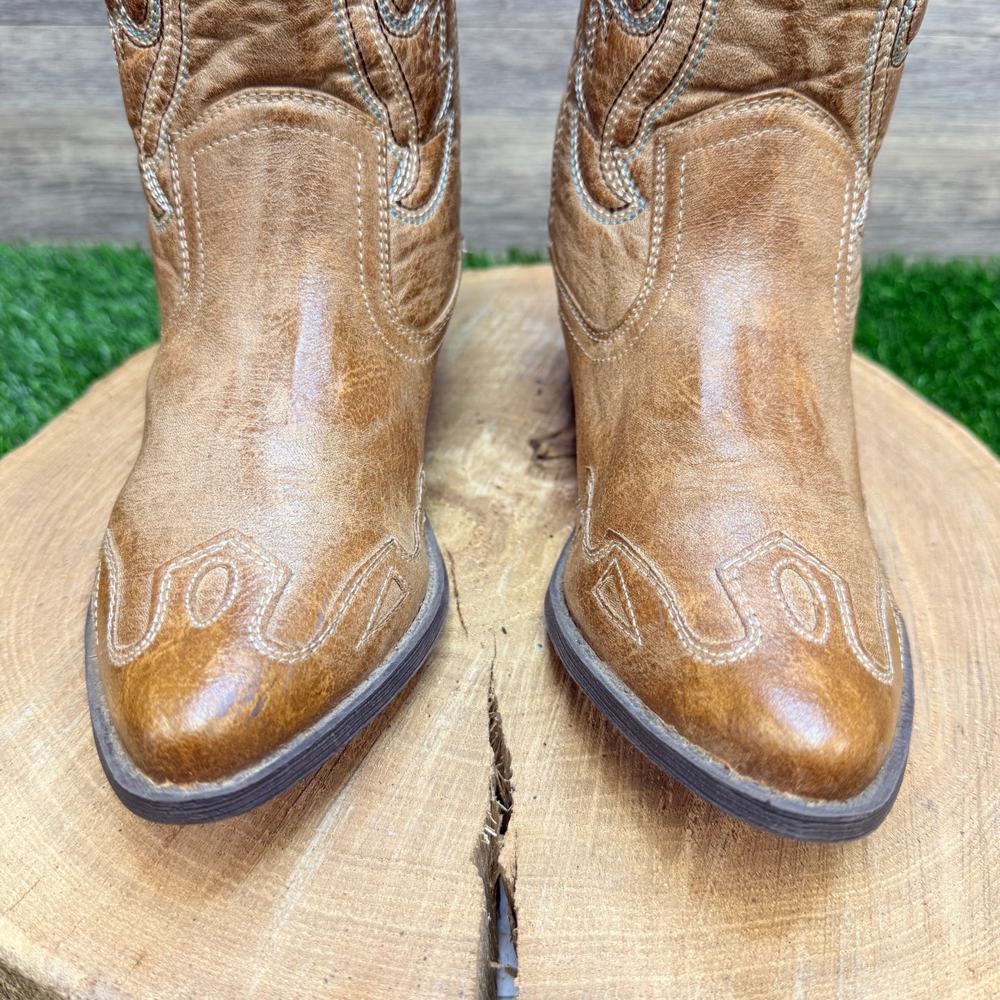 Coconuts Women - Size 6.5M - Tan / Turquoise Soft Faux Cowboy Boots Cimmaron