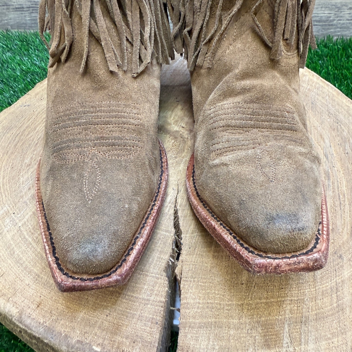 JB Dillon Women - Size 6.5B - Tan Suede Fringe Ankle Cowboy Boots JBW2242