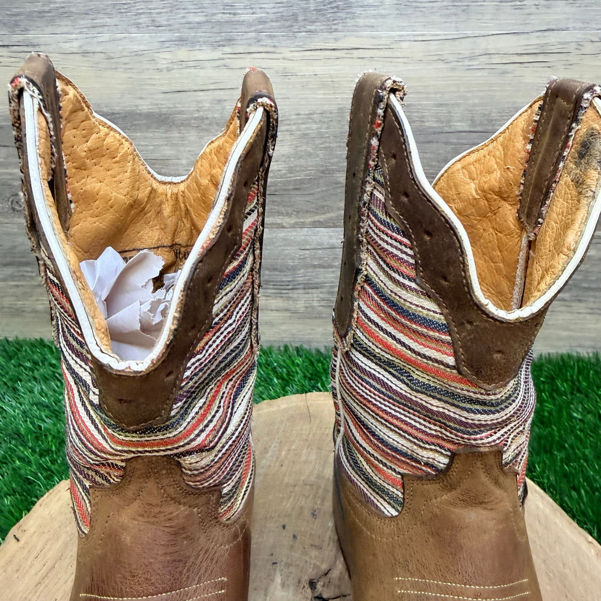 Double R Youth - Size 1.5 - Brown Striped Square Toe Cowboy Boots