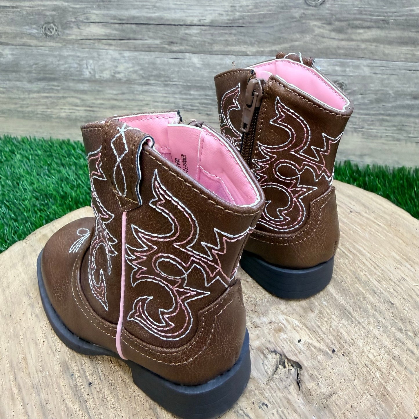 NEW Wonder Nation Youth - Size 5 - Brown / Pink Faux Leather Cowboy Boots