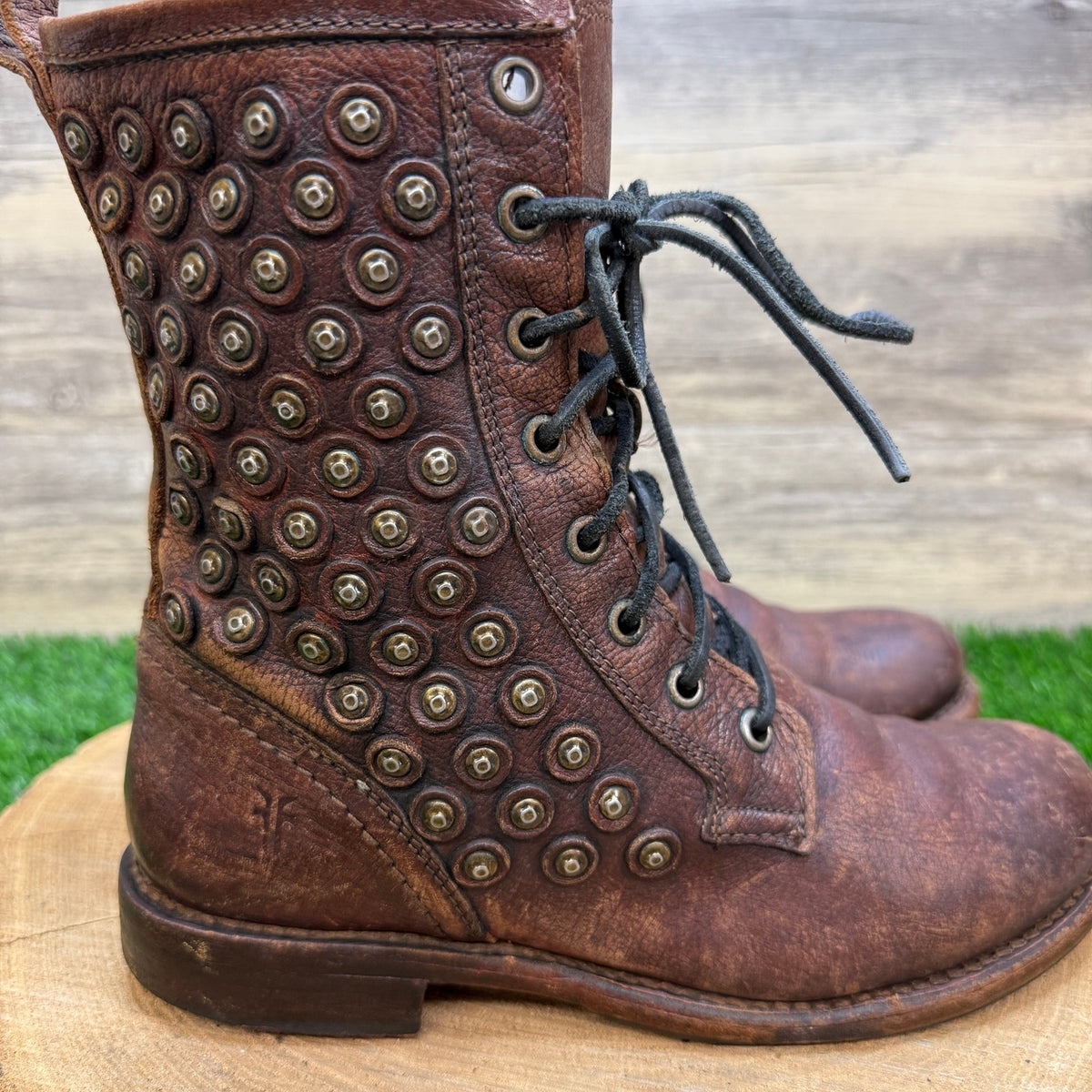 Frye Women - Size 7B - Brown Studded Lace Up Boots Style 76421