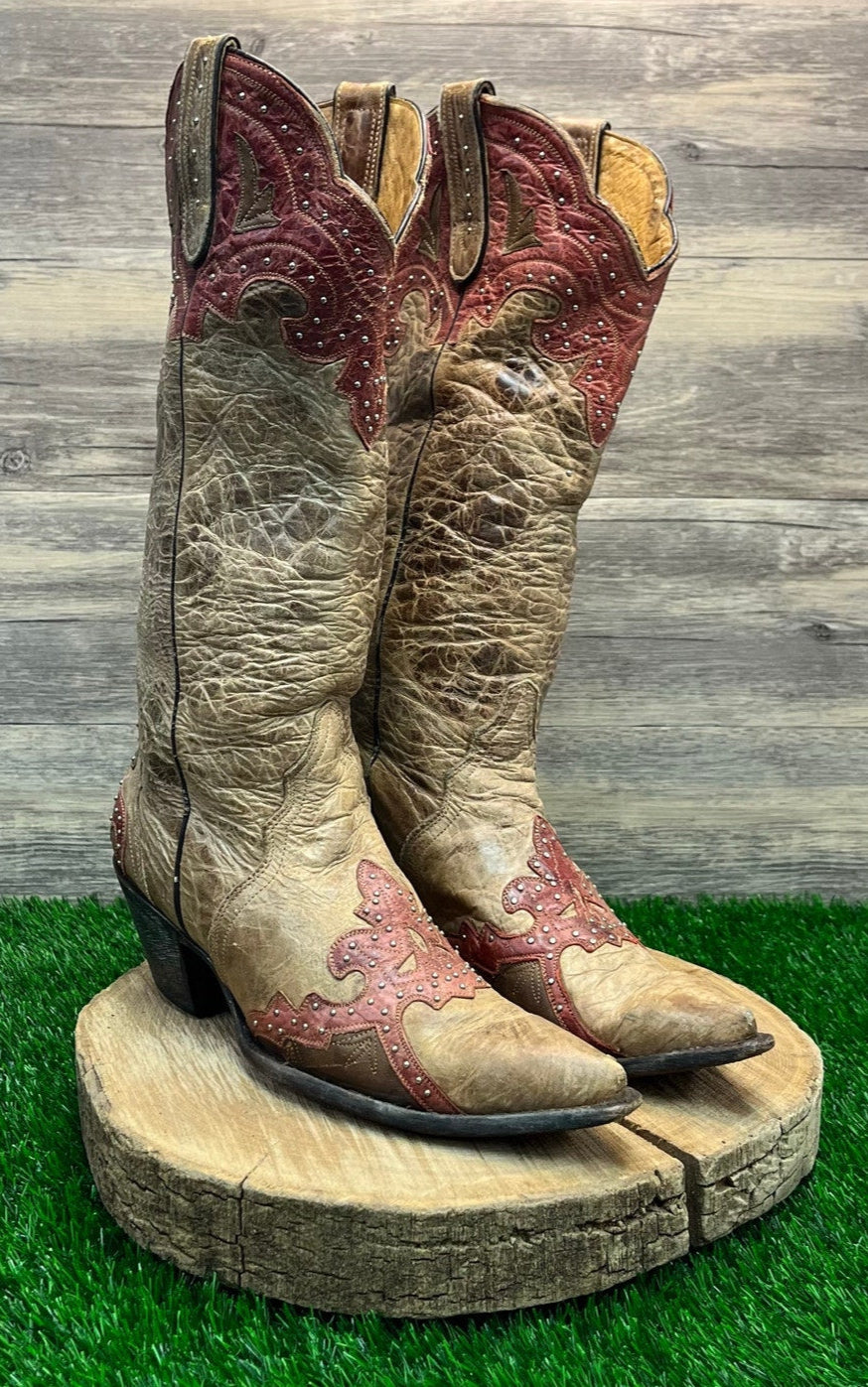 Sterling River Women - Size 10B - Tan/Red Studded Snip Toe Cowboy Boots SR250