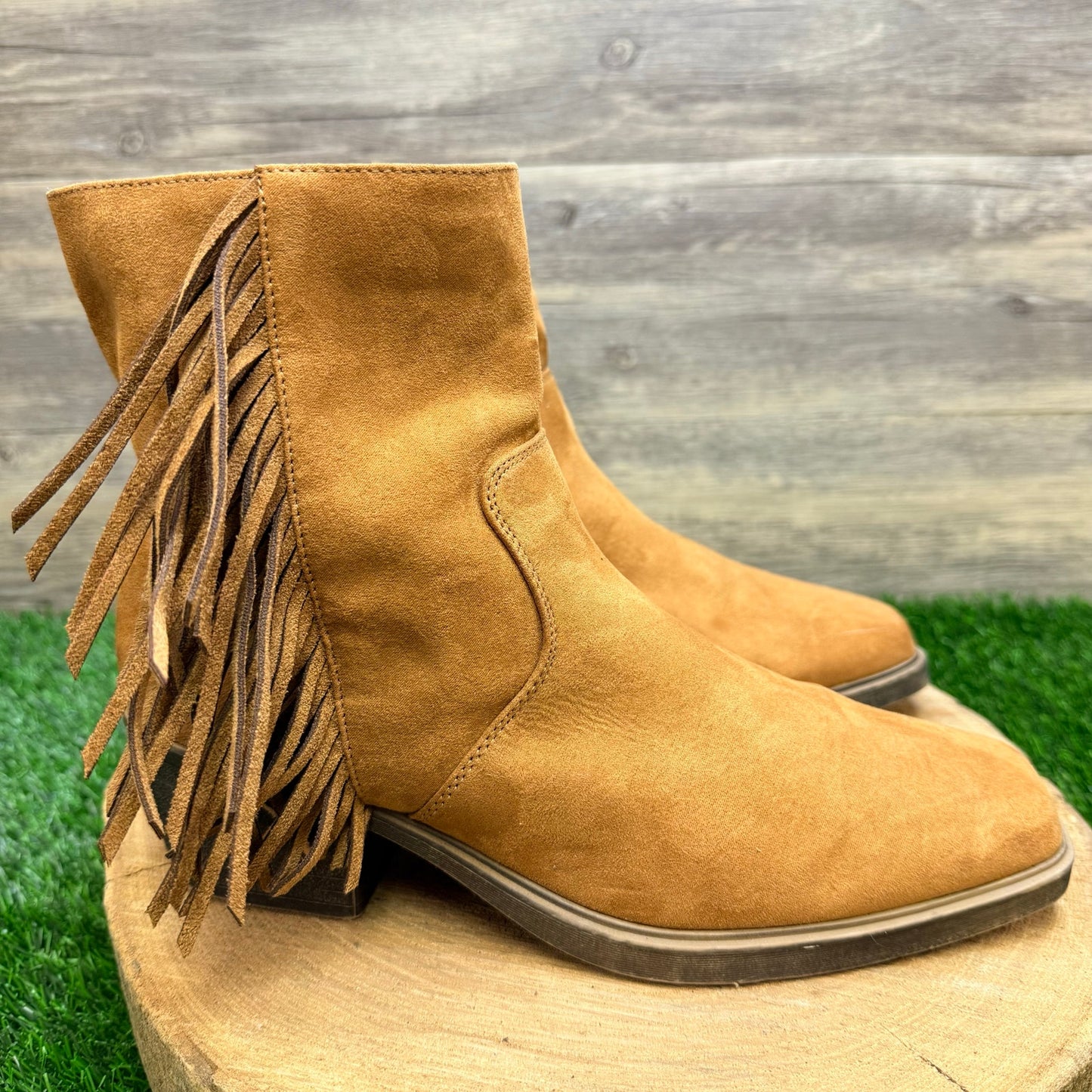 OS Women - Size 9.5M - Cognac Faux Suede Fringe Ankle Boots 73277