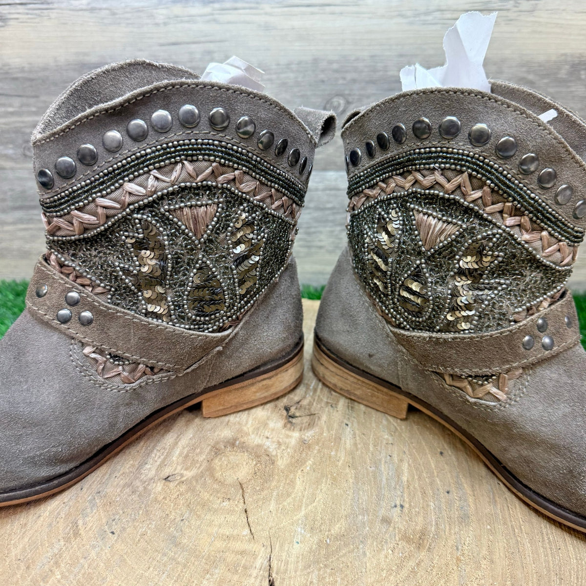 Naughty Monkey Women - Size 8 - Beige Buckled Stud Ankle Boots