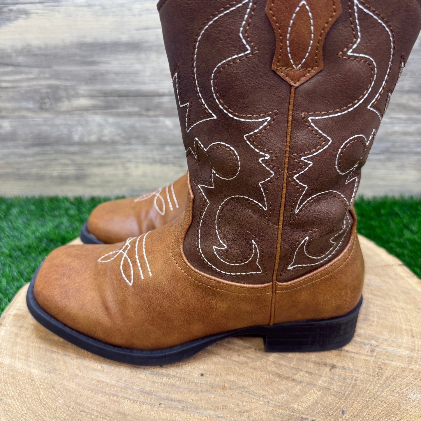 Wonder Nation Youth - Size 3 - Brown Square Toe Faux Leather Cowboy Boots 17751