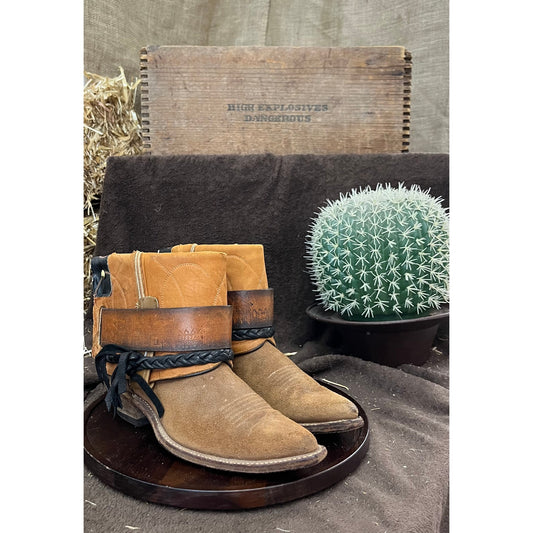 Acme Women - Size 7M - Vintage Tan Suede Buckle Snip Toe Cowboy Boots