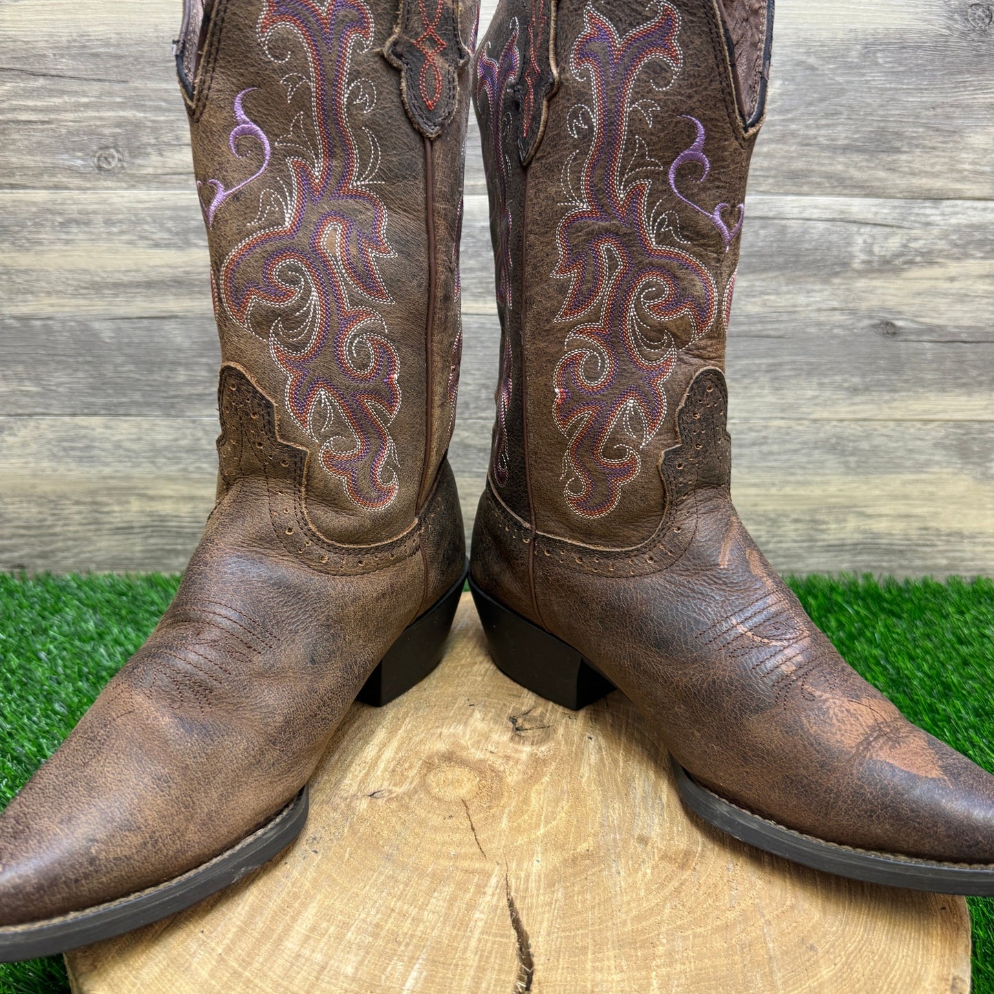 Justin Women - Size 9 - Brown/Purple Snip Toe Cowboy Boots