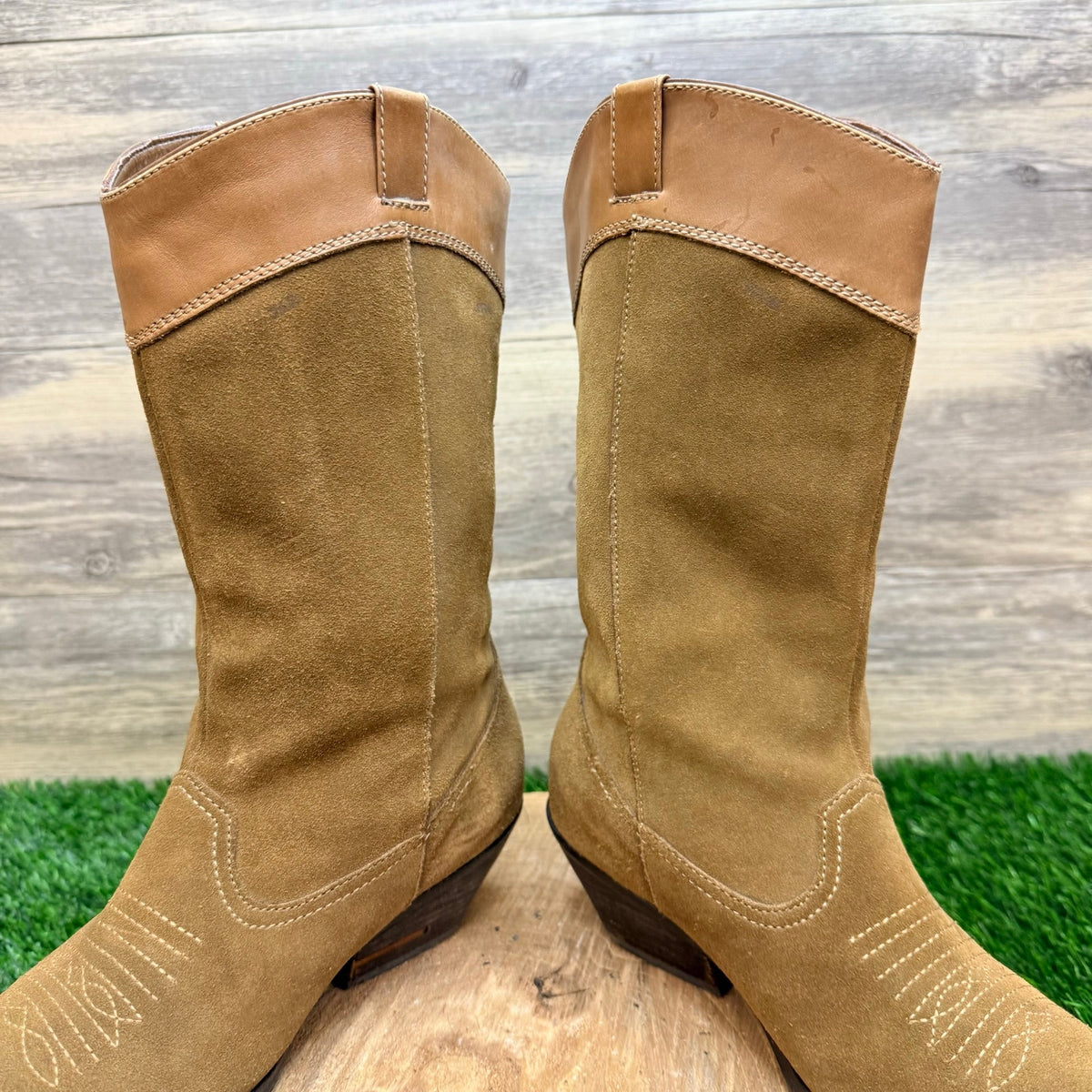 Reba Women - Size 6.5M - Khaki Suede Western Cowboy Boots Rodeo