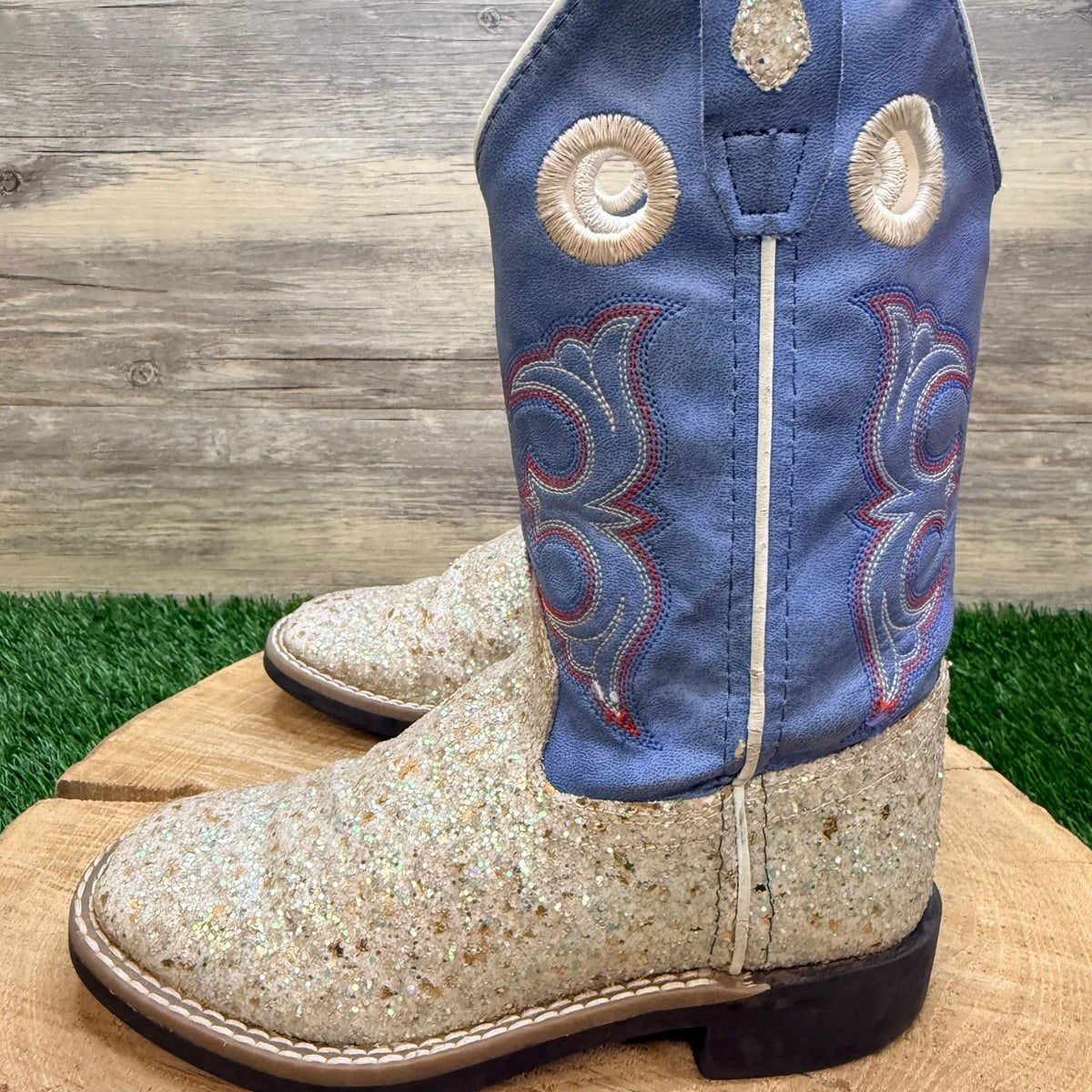Old West Youth - Size 13D - Blue Glitter Square Toe Cowboy Boots VB9182d