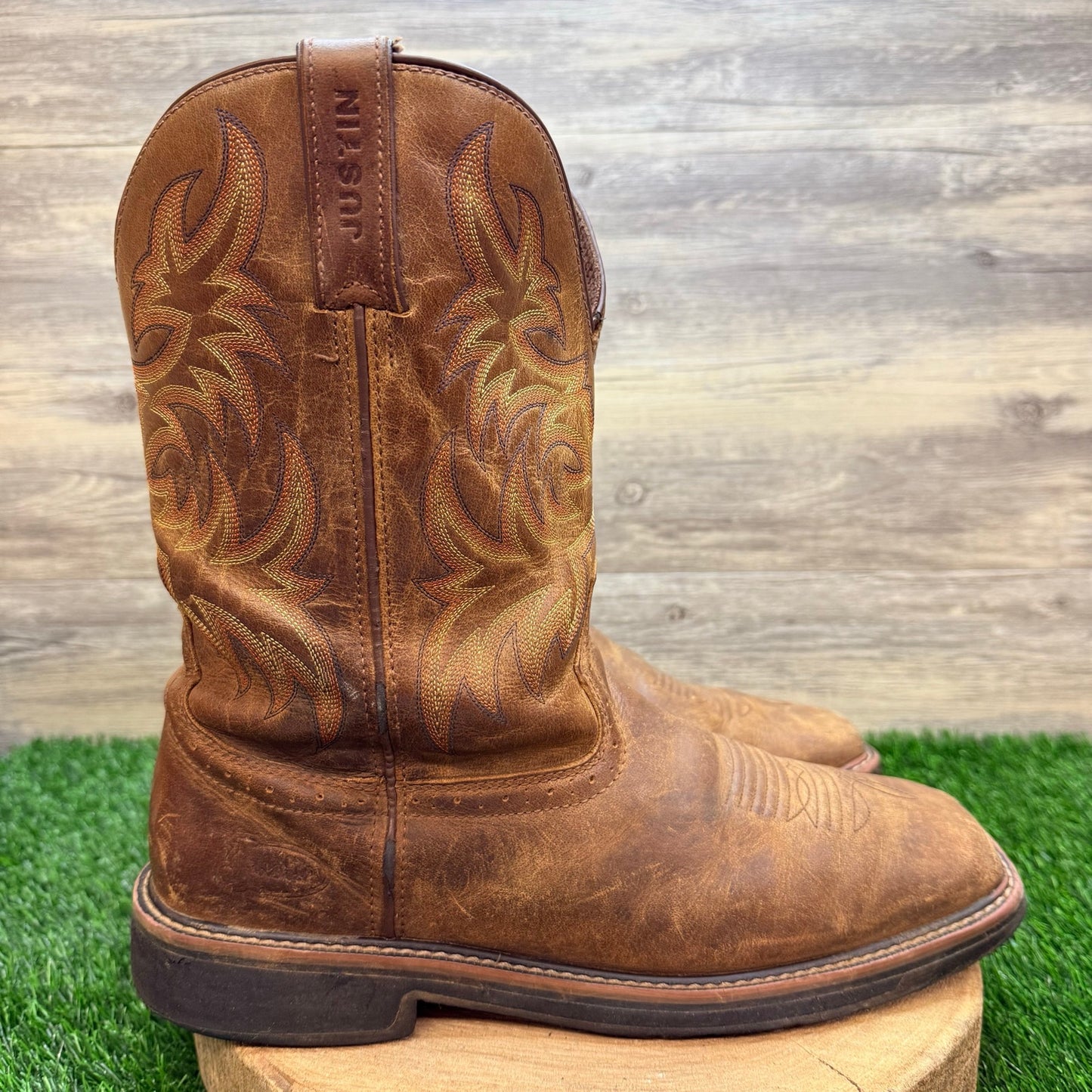 Justin Men - Size 13D - Brown Stampede Work Square Toe Cowboy Boots SE4681