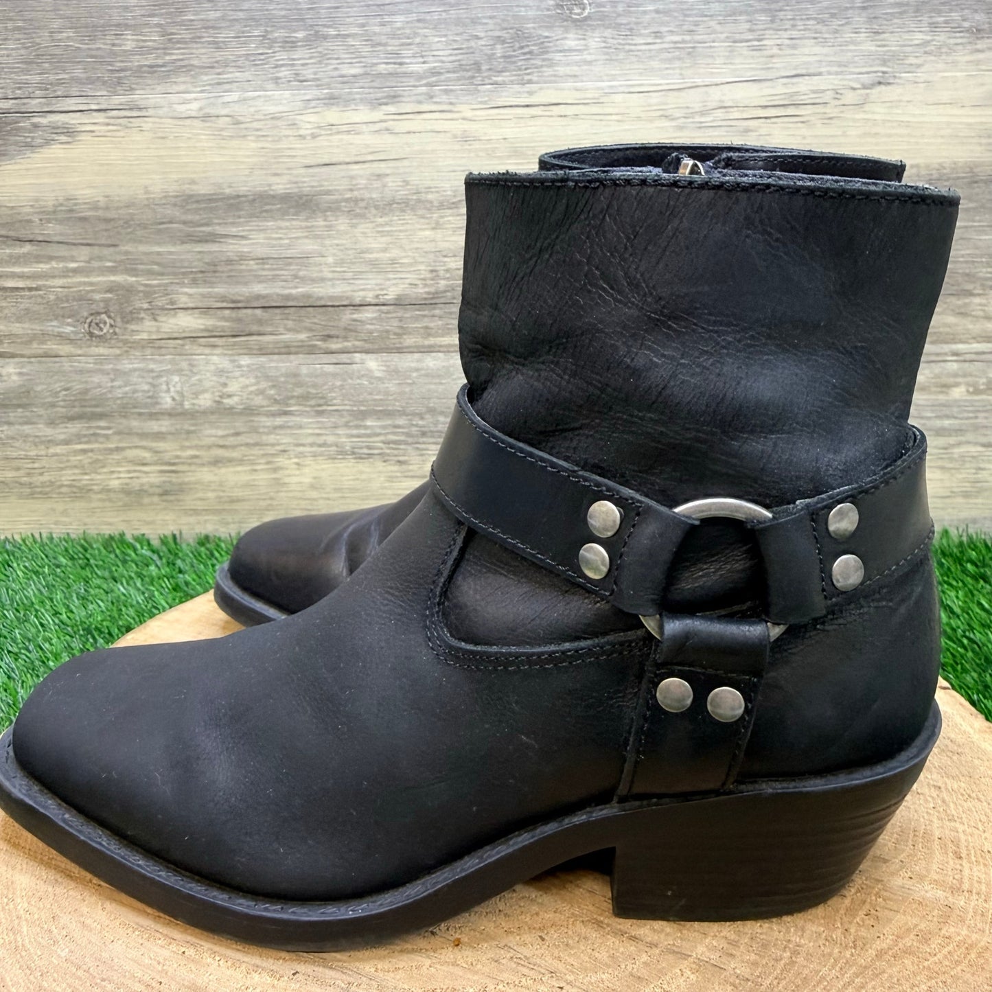 Sun and Stone Women - Size 8 - Black Harness Square Toe Ankle Zipper Boots