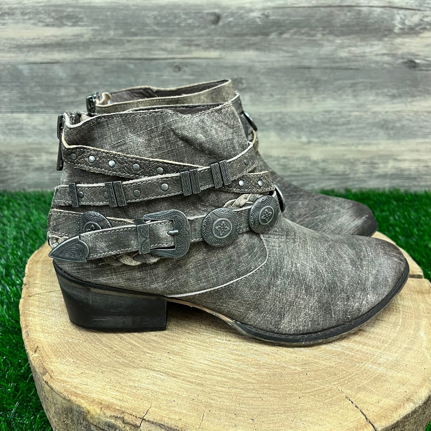 Naughty Monkey Women - Size 8.5 - Distressed Taupe Harness Ankle Boots