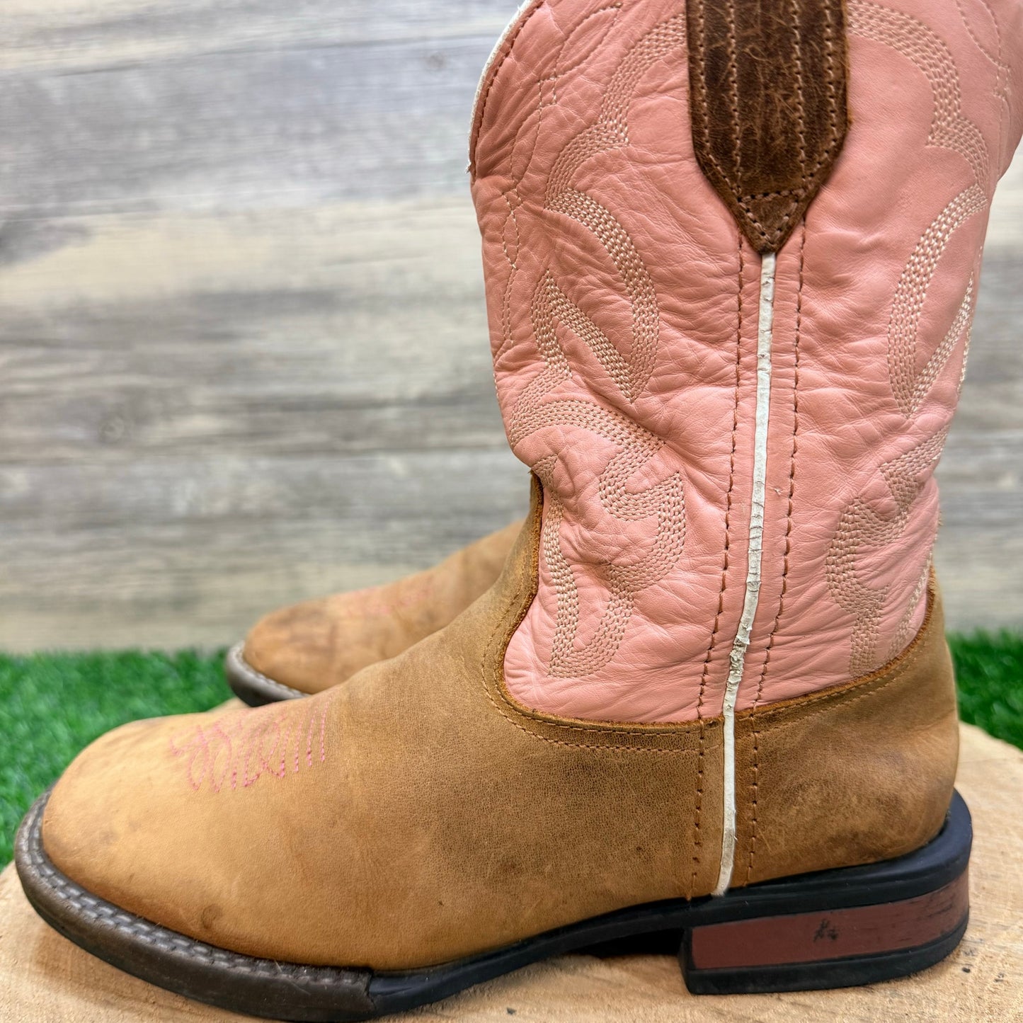 Roper Youth - Size 3 - Pink / Tan Square Toy Cowboy Boots 2407