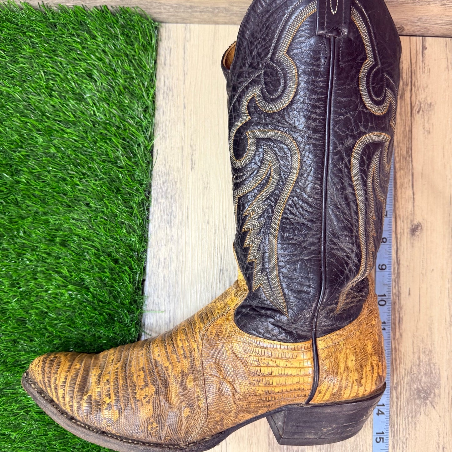 Tony Lama Men - Size 10D - Vintage Black / Tan Lizard Western Cowboy Boots 8883