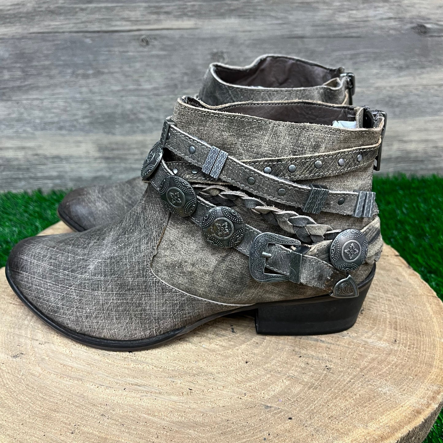 Naughty Monkey Women - Size 8.5 - Distressed Taupe Harness Ankle Boots