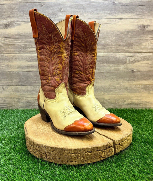 Texas Women - Size 7.5M - Vintage Cream / Orange Cowboy Boots L193