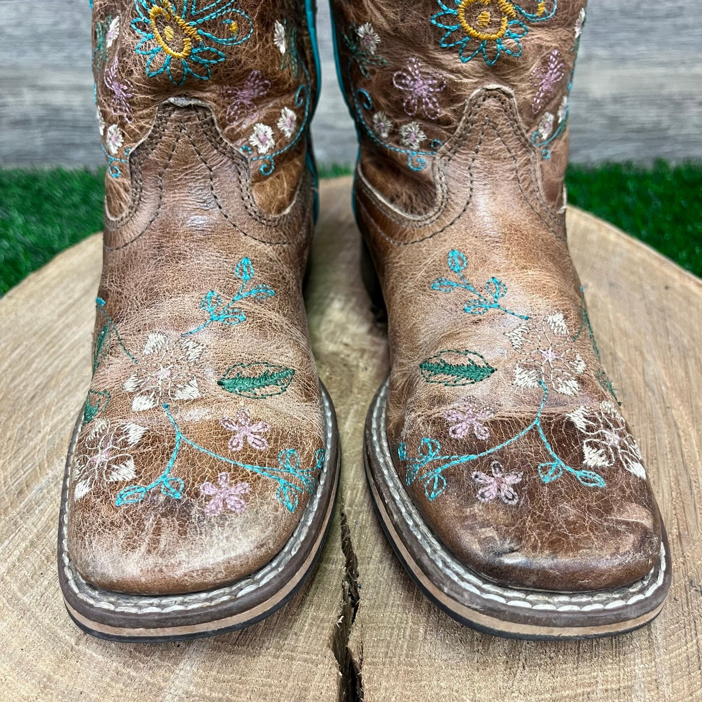 Smoky Mountain Youth - Size 13.5 - Tan Floral Square Toe Cowboy Boots 3841C