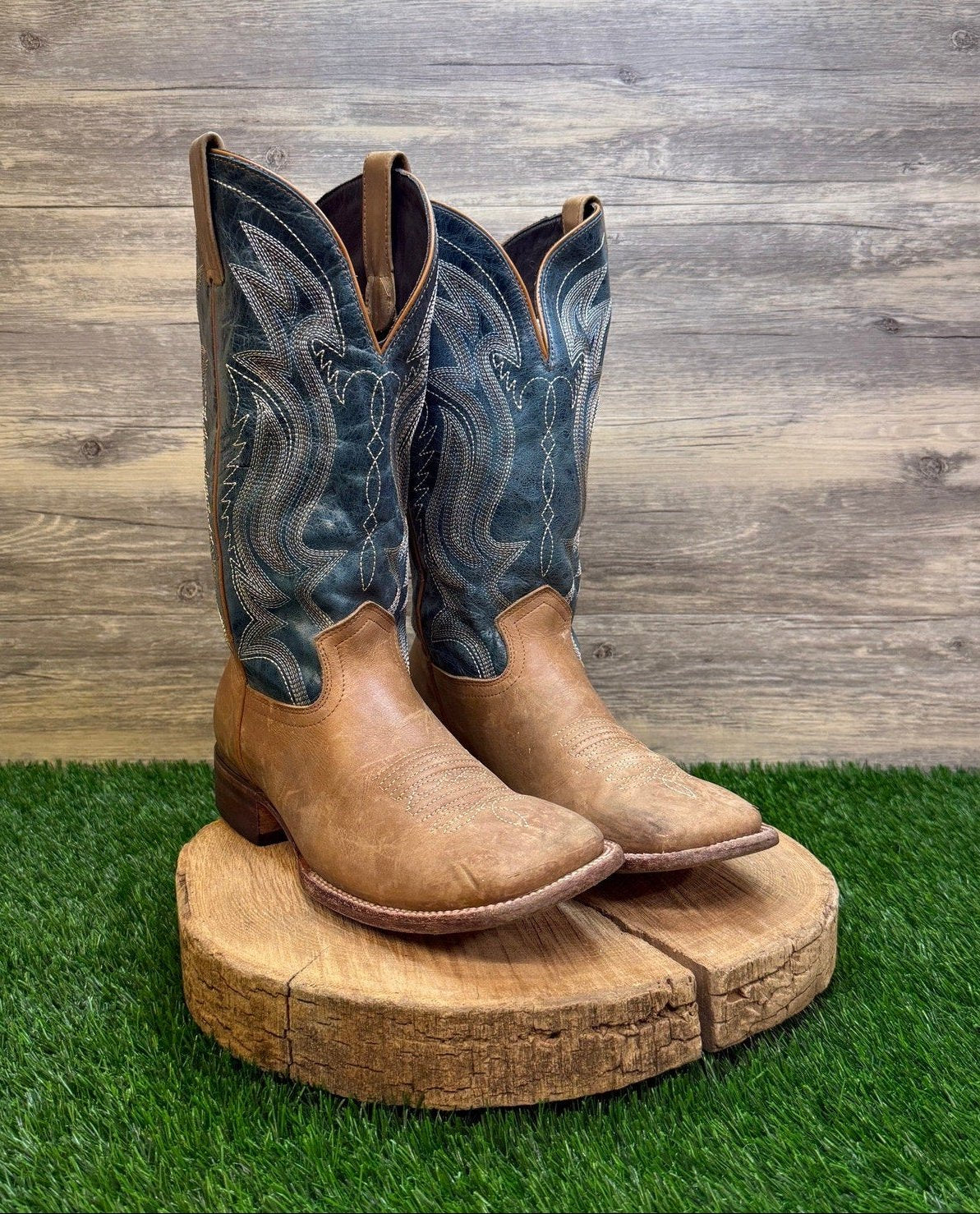 JB Dillon Men - Size 12B - Tan/Blue Flame Square Toe Cowboy Boots Style JBR2111