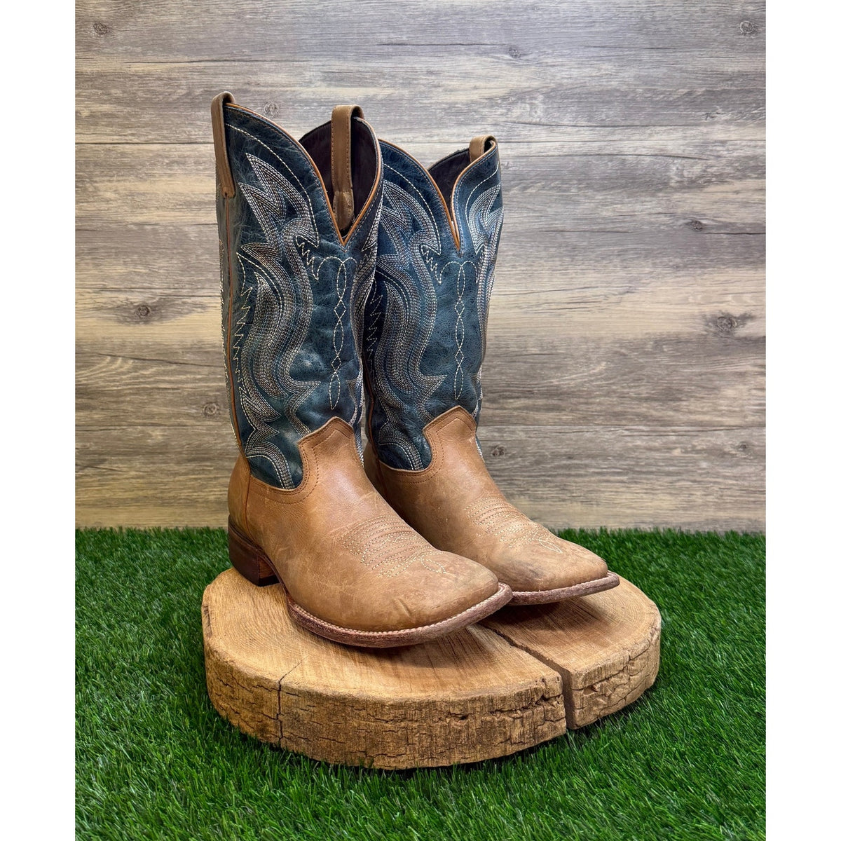 JB Dillon Women - Size 12B - Tan/Blue Flame Square Toe Cowboy Boots Style JBR2111