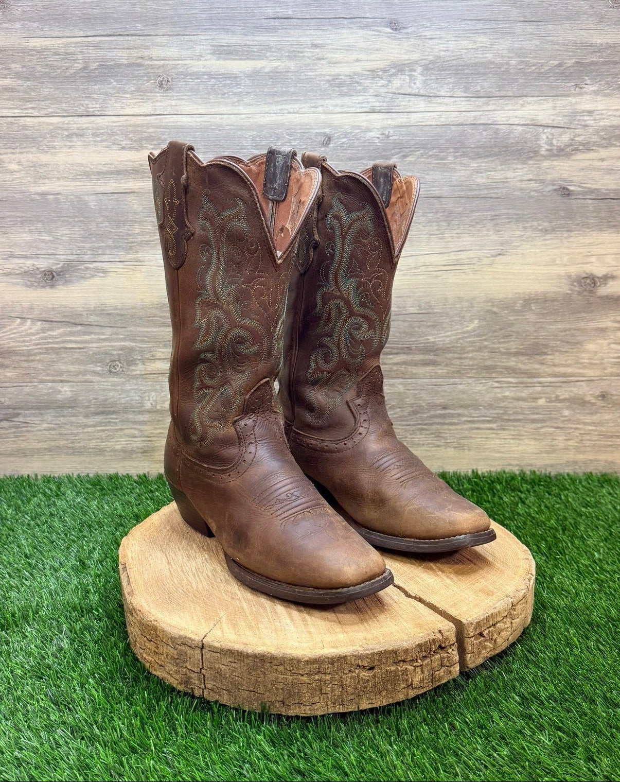 Justin Women - Size 6.5B - Brown / Green Stampede Square Cowboy Boots L2552